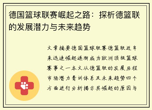德国篮球联赛崛起之路：探析德篮联的发展潜力与未来趋势